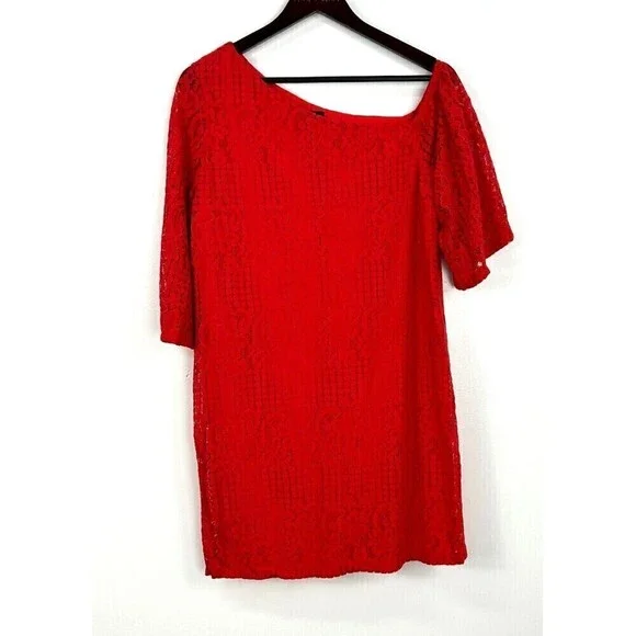 Laundry by Shelli Segal Womens Size M Red Lace Shift Dress Cocktail Evening E4 - Picture 3 of 11